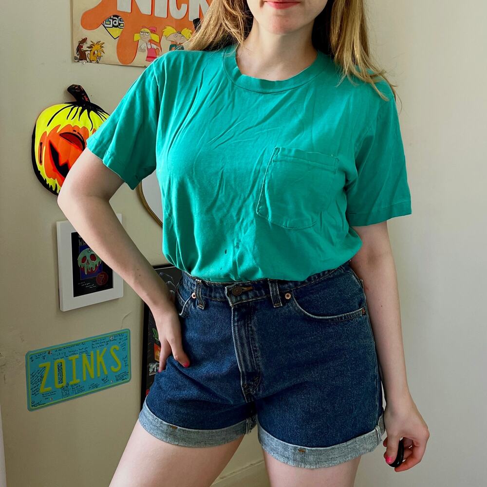 Vintage 1980s Royal Comfort Teal Pocket T-Shirt Size Large Thrashed Tee